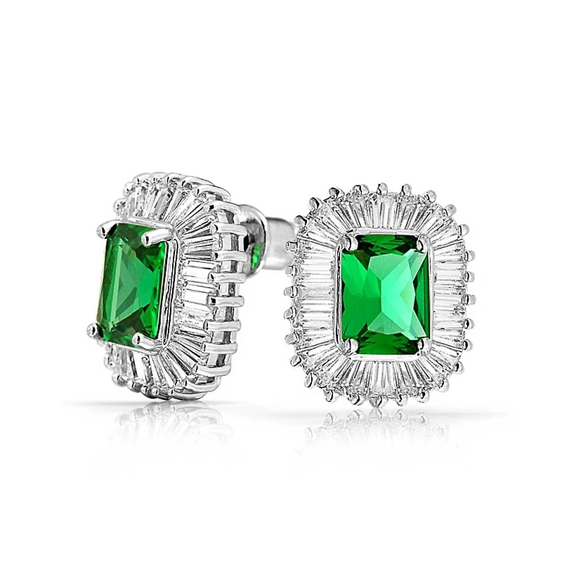 Bling Jewelry Art Deco Jewelry Green Cz Pendant Necklace & Baguette Cubic Zirconia Halo Stud Earrings Jewelry Set
