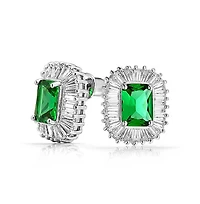 Bling Jewelry Art Deco Jewelry Green Cz Pendant Necklace & Baguette Cubic Zirconia Halo Stud Earrings Jewelry Set