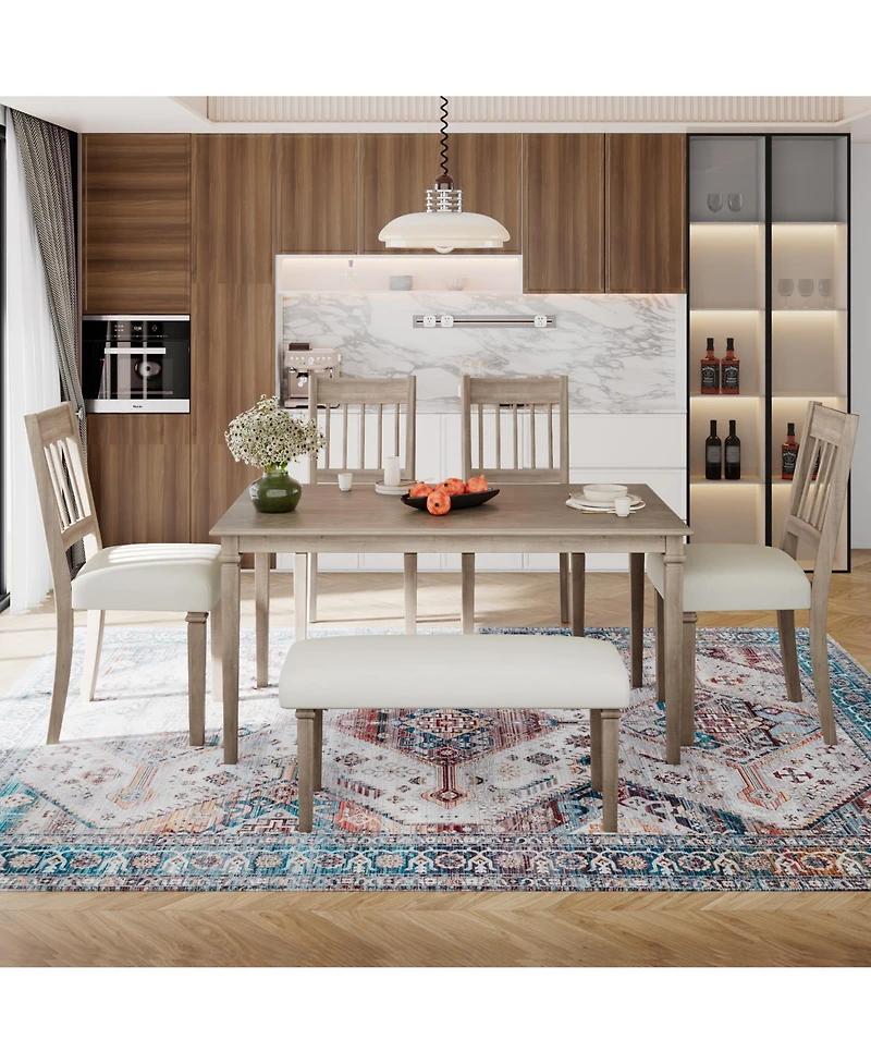 sumyeg 6-Piece Retro Dining Set with Wooden Rectangular Table 4 Chairs and Bench