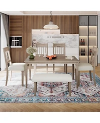 sumyeg 6-Piece Retro Dining Set with Wooden Rectangular Table 4 Chairs and Bench