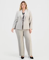 Kasper Plus Size Stretch Crepe Single Button Jacket Printed Knot Neck Sleeveless Top High Rise Stretch Crepe Straight Leg Pants