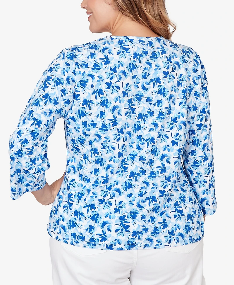 Hearts Of Palm Plus Printed Stretch Jersey 3/4 Sleeve Top