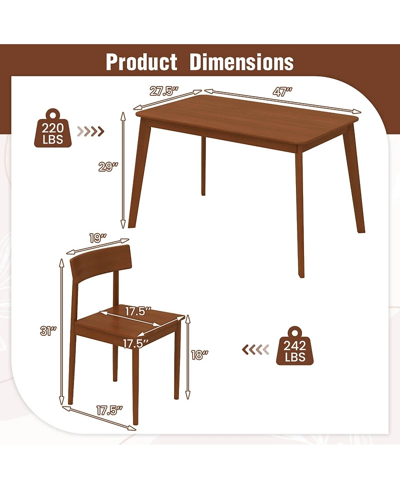 Costway 5-Piece Rubber Wood Rectangular Dining Table Set