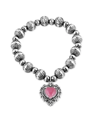American West Jewelry Sterling Silver Pink Concha Shell Heart Charm Bead Bracelet, Small to Medium