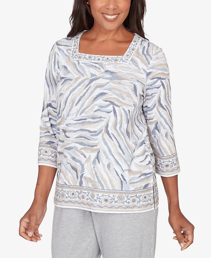 Alfred Dunner Women's Comfort & Joy Square Neck Animal Print Border Top