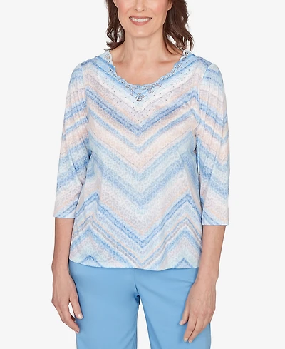 Alfred Dunner Women's St. Augustine Chevron Print Lace Trim Crew Neck Top