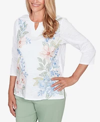 Alfred Dunner Women's St. Augustine Blooming Floral Embroidered Split Neck Top