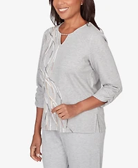 Alfred Dunner Petite Comfort & Joy Metallic Swirl Embroidered Split Neck Top