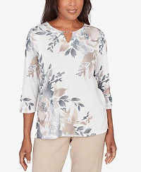 Alfred Dunner Petite Comfort & Joy Asymmetrical Floral Border Crew Neck Top
