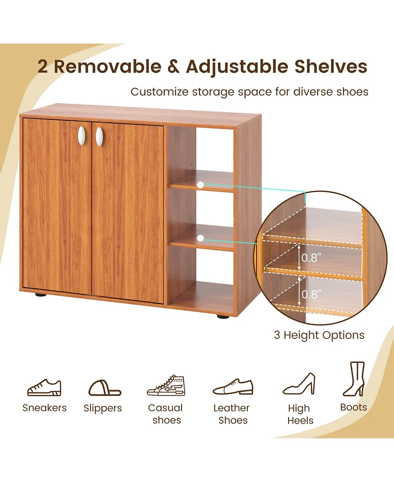 Costway 3-Tier Wooden Shoe Storage Organizer with Doors & 3-Level Adjustable Open Shelves