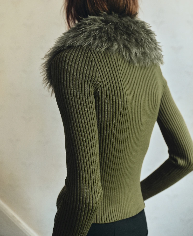Mango Women's Combined Zip-Up Fur-Effect Cardigan
