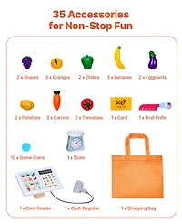 Mecale Kids Grocery Store Playset, Wooden Store with Bag, Conveyor Belt, Scanner, Cash Register & Scale, Pretend Supermarket Toy