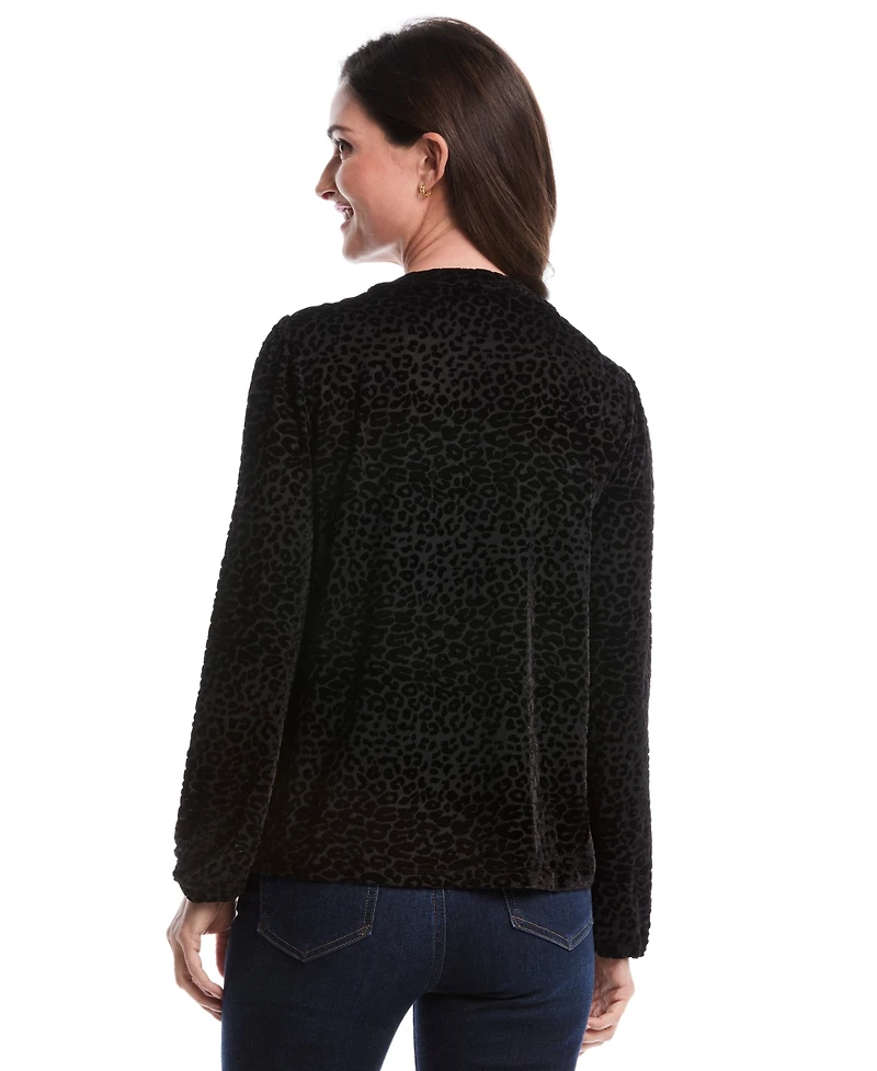 Rafaella Petite Cheetah Print Split Neck Long Sleeve Popover Top