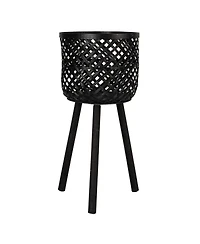 Storied Home Woven Bamboo Baskets with Wooden Legs, Black, Set of 3