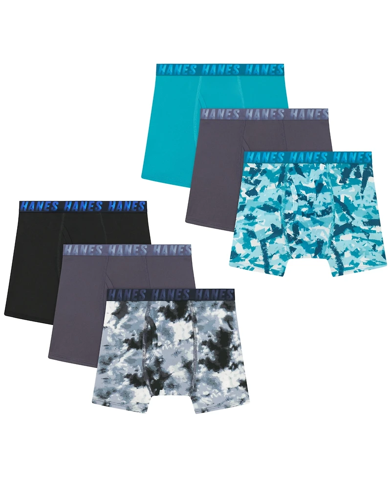 Boys Hanes, 5+1 Bonus Pack, Underwear Boxer Briefs, Moves Ultimate Performance Stretch, Solids/Camo Prints