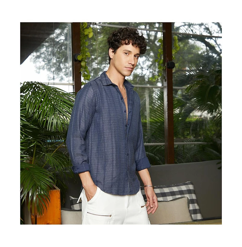 Campus Sutra Men's Contrast-Weave Relaxed Shirt