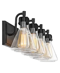 Cindy Farmhouse Industrial Rustic Wall Light Bronze Brown Metal Hardwired 33" Wide 4-Light Fixture Mounted Clear Glass Shade Bathroom Vanity Mirror Ho