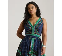 Lauren Ralph Plus Belted Polka-Dot V-Neck Dress