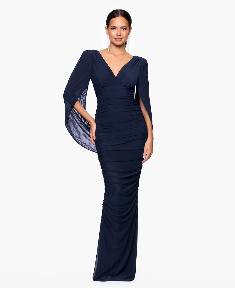 Betsy & Adam Women's Mesh Cape V-Neck Gown Dress