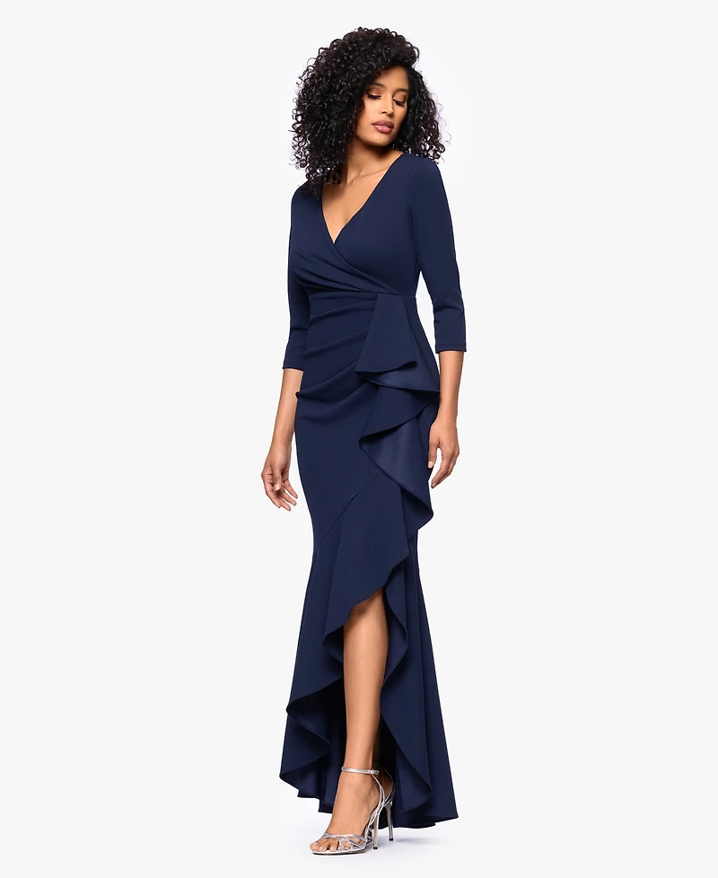 Betsy & Adam Women's Long Cascading Ruffle Gown