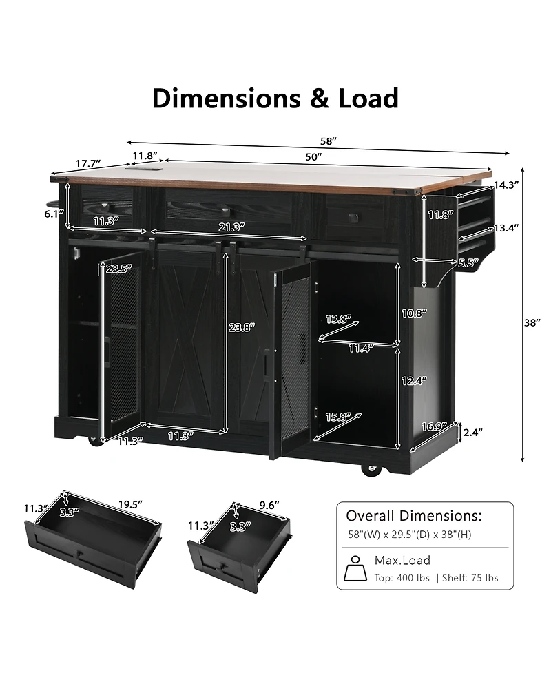 Boyel Living 58" Farmhouse Kitchen Island with Storage, Sliding Barn Door & Metal Grid Side Door, Rolling Table D