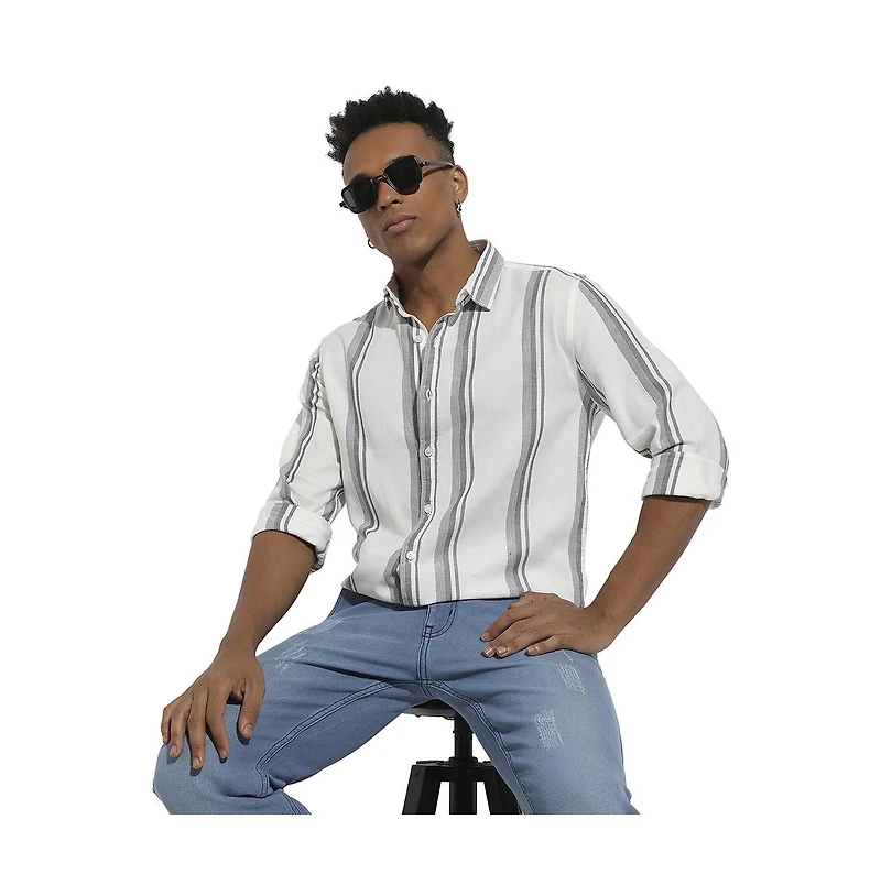 Campus Sutra Men's White & Dark Grey Barcode Striped Shirt