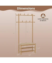 Costway Bamboo Coat Rack with Bench Shoe Storage 2 Hanging Rods 11 Hanging Hooks Shelves