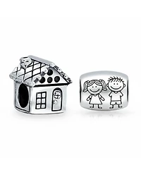 Bling Jewelry Set of 2 Sweet Heart New Homeowner & Cartoon Family Brother Sister Friends Charm Bead Sterling Silver