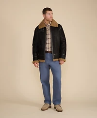 Furniq Uk Men's Shearling Aviator Jacket, Washed Brown with Ginger Curly Wool