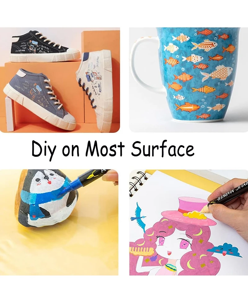 Htutwoo Dual Tip Acrylic Paint Markers with Brush Tip and Fine Tip for Rock Painting, Canvas, Stone, Glass, Ceramic, Wood.