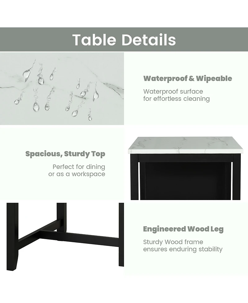 Clihome Transitional 3-Piece Dining Set with Gloss Tabletop, Storage Shelves, Usb Ports & 2 Upholstered Stools – Black/Ivory