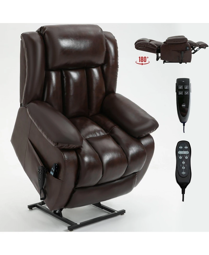 Clihome Dual Motor Infinite Position Up to 350 Lbs Electric Medium Genuine Leather Black Power Lift Recliner Chair with 8-Point Vibration Massage