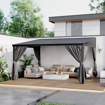 Homsee 12x14 Ft Aluminum Frame Sloped Galvanized Steel Roof Curtains & Netting Wall Mounted Gazebo Umbrellas & Awnings