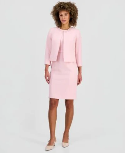 Kasper Womens Embellished Open Front Blazer Sleeveless Sheath Dress