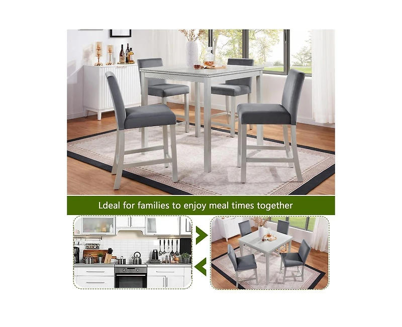 Casainc 5-Piece Silver Grey Counter Height Crystal Accent Dining Set with Square Wood Table and 4 Upholstered Chairs