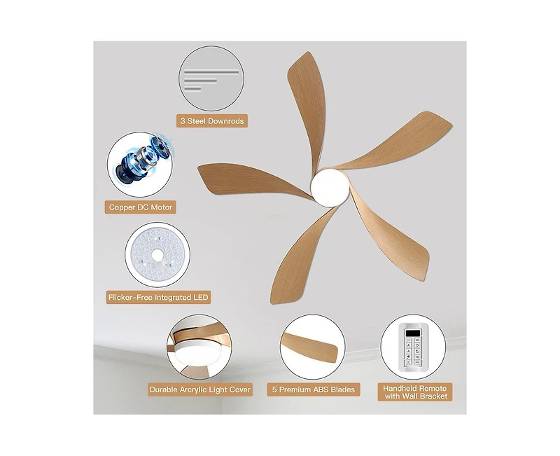 Sofucor 52-inch Modern Smart Standard 5-Blade Ceiling Fan with Remote Control and Led Light