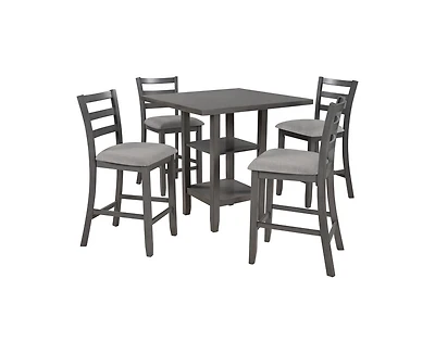 Casainc Trexm 5-Piece Counter Height Dining Set with Espresso Wood Table Padded Chairs and Storage Shelving