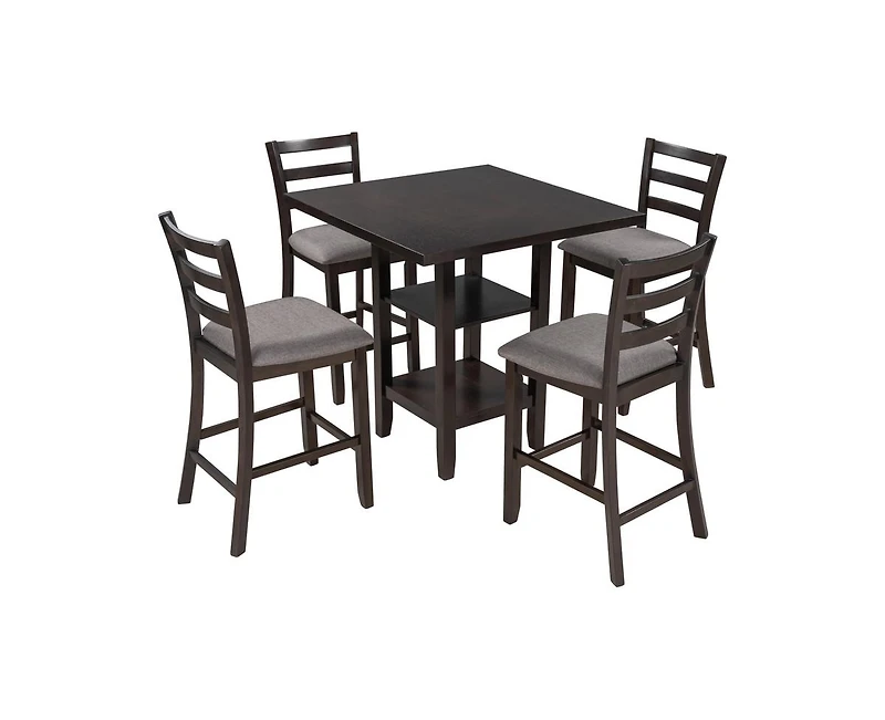 Casainc Trexm 5-Piece Counter Height Dining Set with Espresso Wood Table Padded Chairs and Storage Shelving