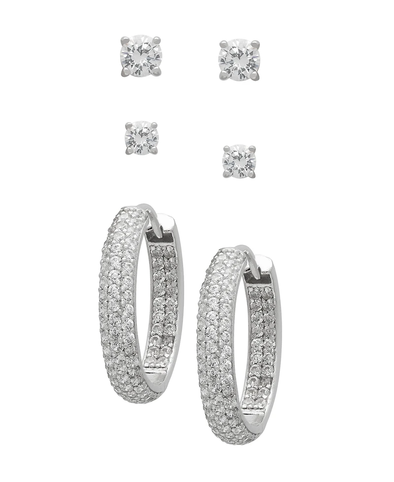 Macy's 3-Pc. Lab-Grown White Sapphire Stud and Hoop (4.88 ct. t.w.) Earring Set in Sterling Silver