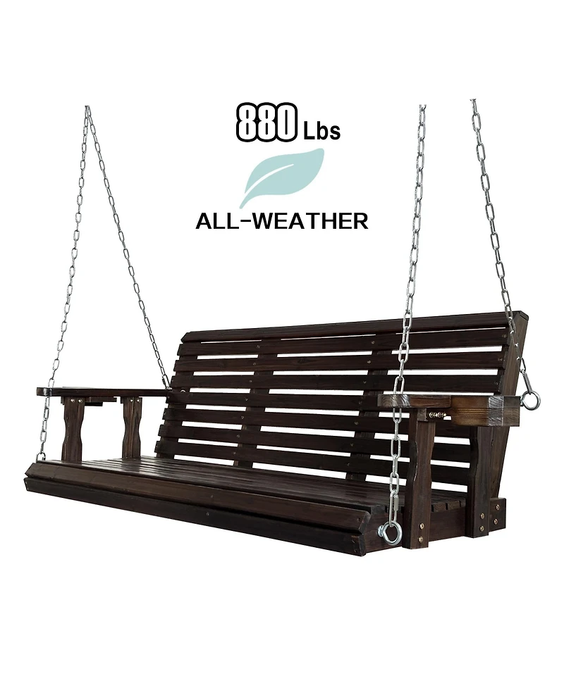 Mega Casa Wooden Porch Swing 3-Seater, High Backrest and Deep Seat, Bench with Cupholders, for Outdoor Patio Garden (Cedar Tone, 5 Ft Extra Larg