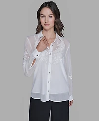 Karl Lagerfeld Paris Petite Flower Button Down Shirt