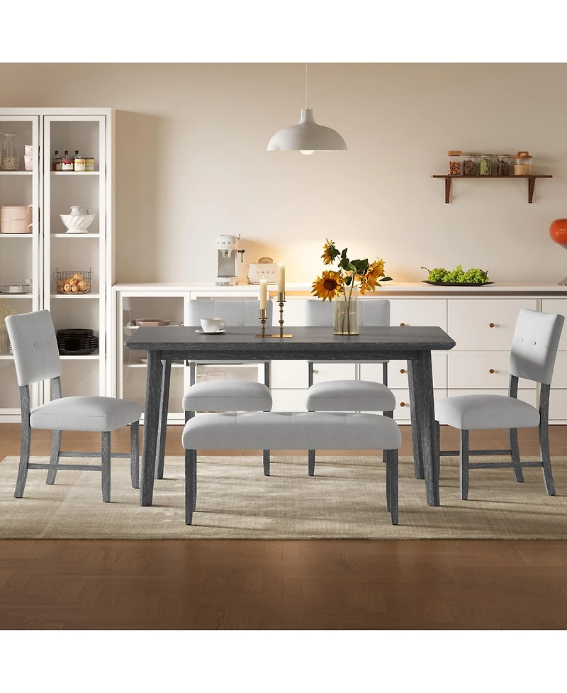 Casainc 6-Piece Farmhouse Dining Set with Rectangular Wood Table 4 Upholstered Chairs and Bench in Gray