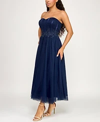 pear culture Juniors' Strapless Waist Trim Midi Dress