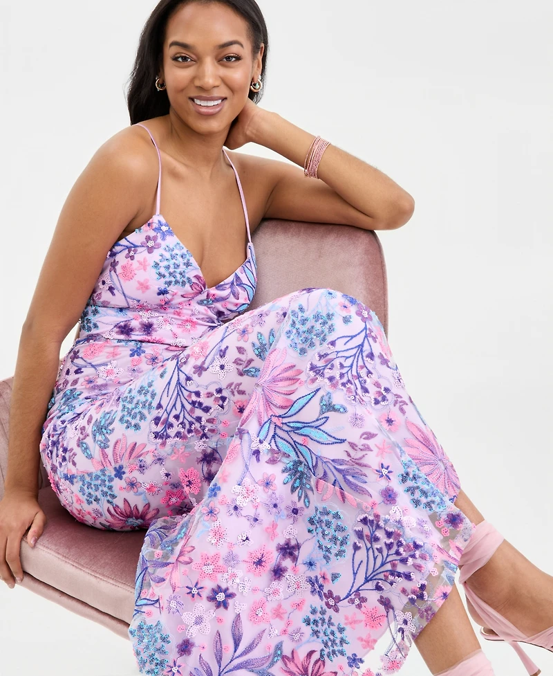 City Studios Juniors' Floral-Sequinned Evening Gown, Created for Macy's