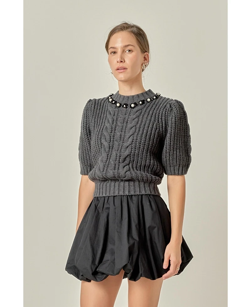 English Factory Women's Pearl Embellishment Puff Sleeve Knit Sweatshirts