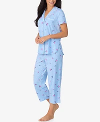 Cuddl Duds Women's Cropped Notch Collar Pajama Top and Pants, 2-Piece Set