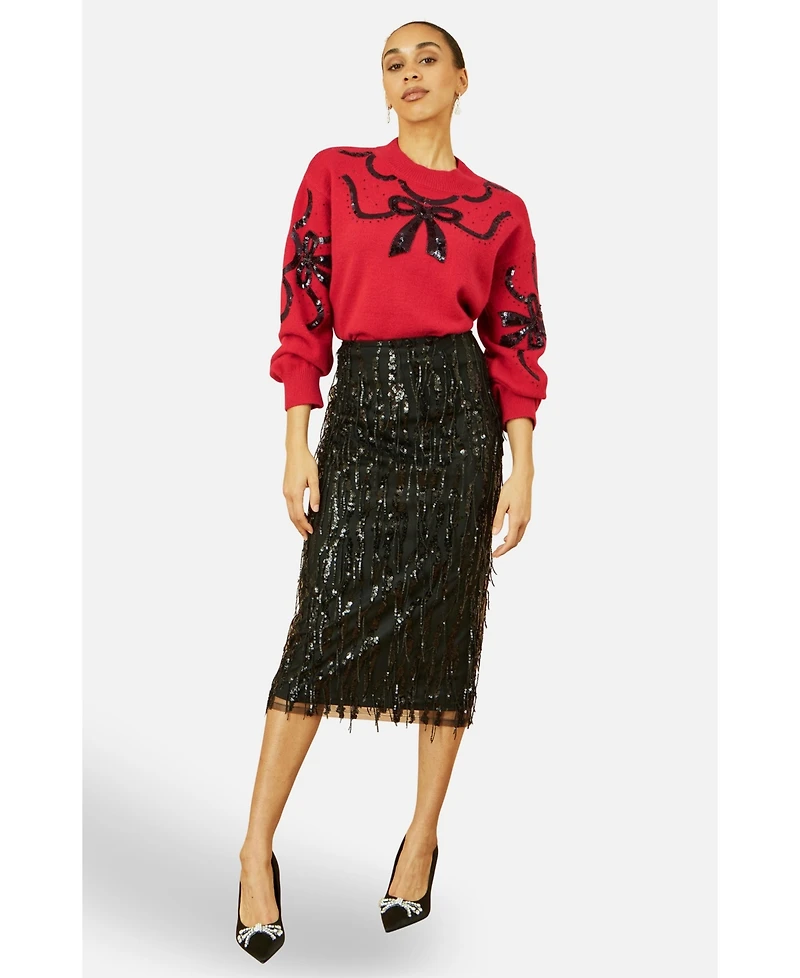 Yumi Women's Sequinned Bow Neckline Sweater