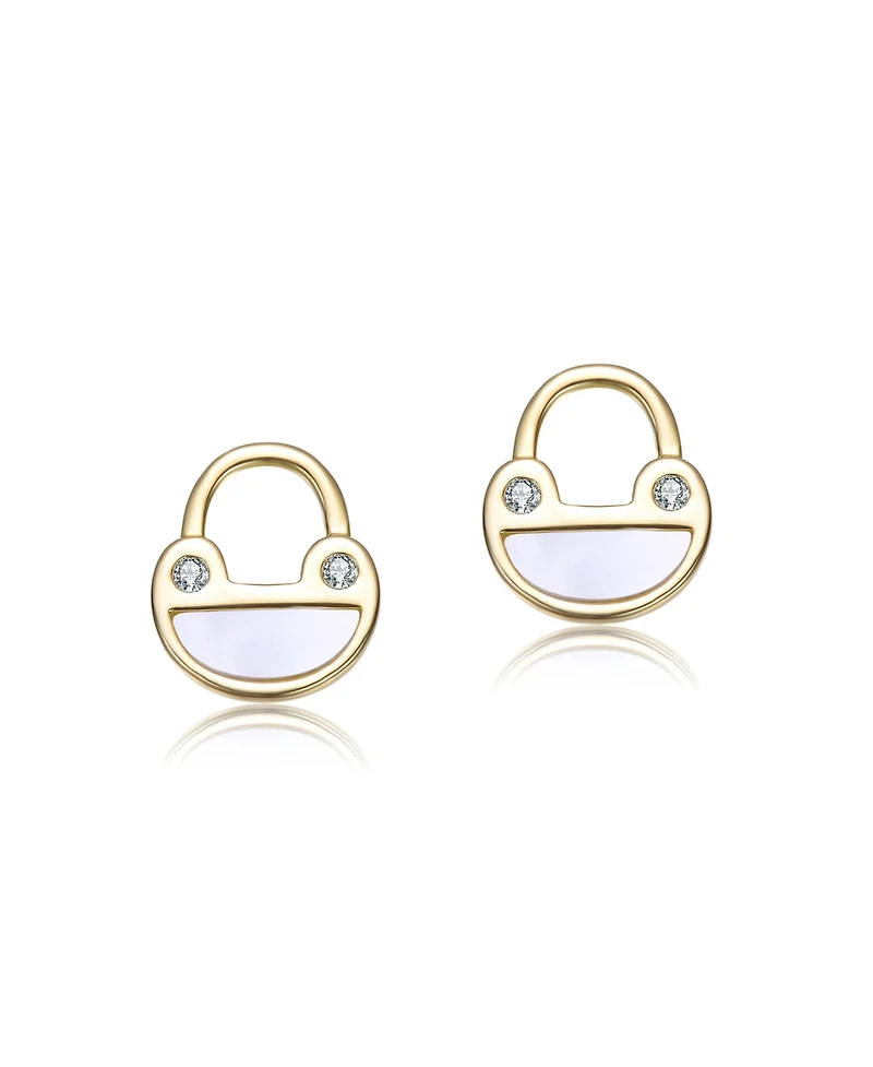GiGiGirl 14K Gold Plated with White Mother of Pearl & Clear Cubic Zirconia Frog Design Stud Earrings For Kids