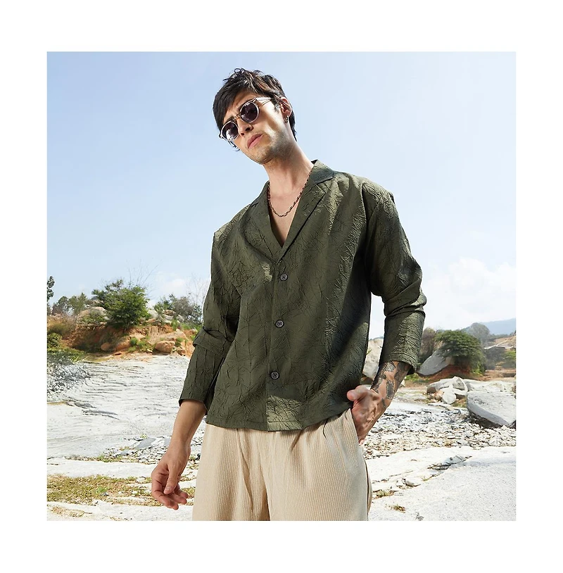 Campus Sutra Men's Army Green Wrinked Korean Oversized Shirt.