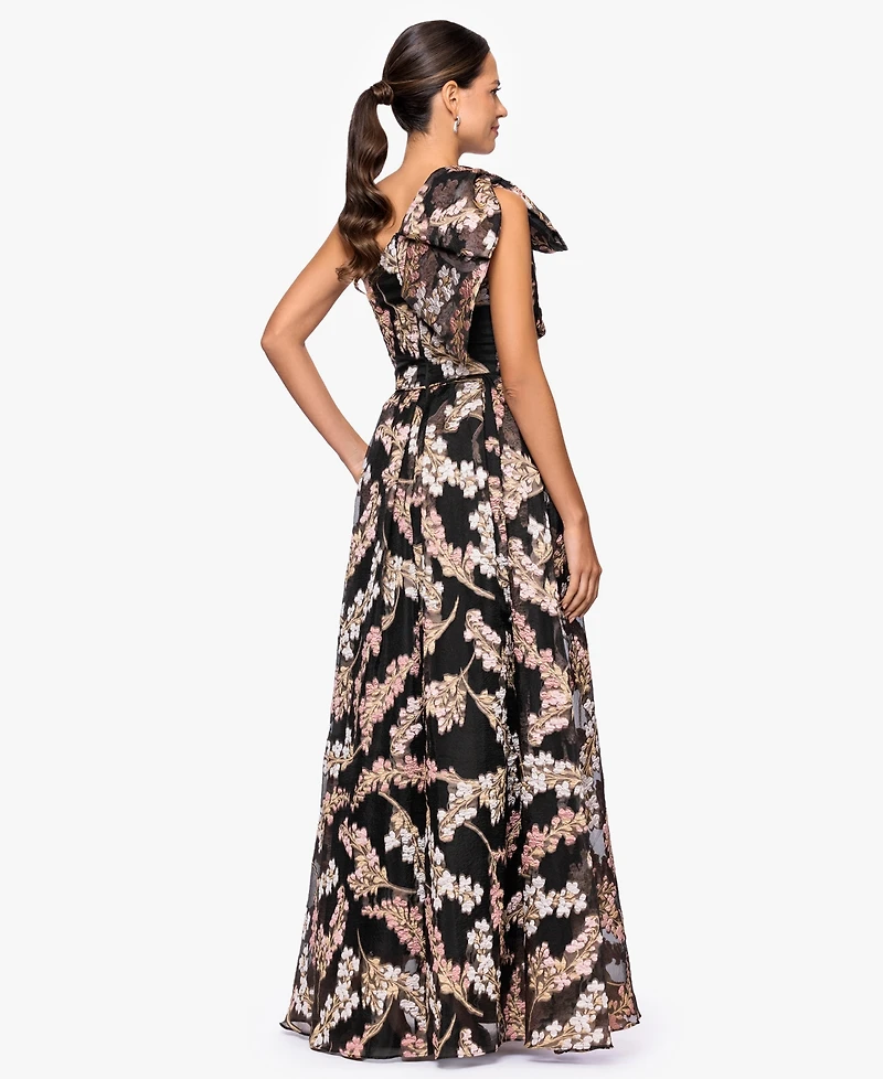 Betsy & Adam Petite One Shoulder Floral Print Long Dress